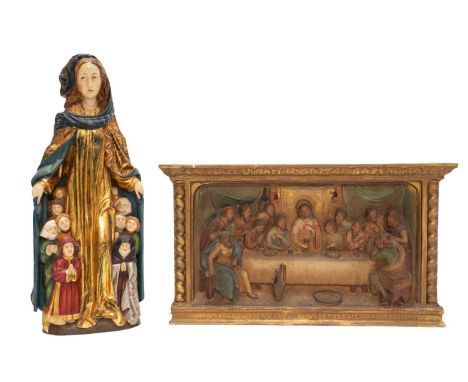 A contemporary carved painted and gilt gesso ecclesiastical devotional figure of "Madonna of Mercy (Schutzmantel Madonna) wit