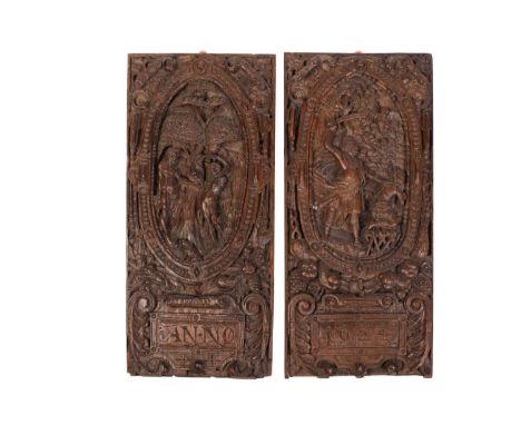 A pair of 17th-century Flemish carved wood oak rectangular architectural panels, Adam and Eve, and Abraham with Isaac, bearin