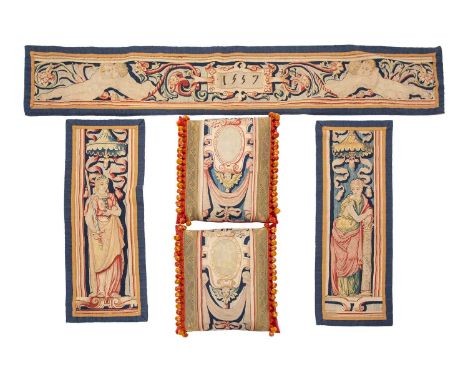 Three Brussels tapestry panels of colourful Neo-Classical form the frieze panel bearing a date of 1557 but probably 17th/18th