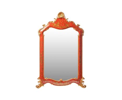 A George II style parcel gilt wall mirror, by Brights of Nettlebed, with red Chinoiserie design frame depicting figures and f