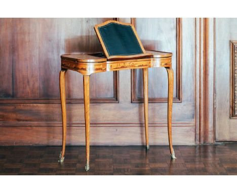 A Louis XVI style parquetry inlaid lady's writing desk, 19th century, the central ratchet writing slope with lift-up lids inl