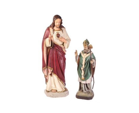 A large vintage ecclesiastical painted plaster figure of The Divine Mercy of the Sacred Heart of Jesus Christ, together with 