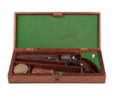 A cased London-made Colt 1851 Navy pattern single action. 36 calibre percussion revolver, serial number. 22890, the barrel ma