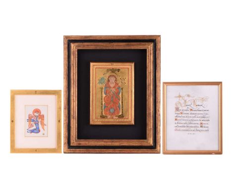 Two works by Sue Viner (contemporary), 'Portrait of Saint Luke The Gospels of Saint Chad', dated 2010, 23 ½ carat gold leaf a