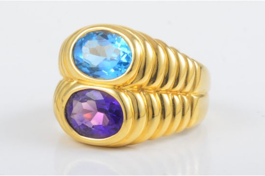 Bulgari 18k Gold Two Stone Ring One Blue Topaz And One Amethyst Signed 750 Bvlgari Finger Size