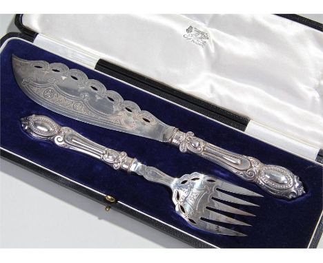 Pair of silver plated fish servers, with knife and fork, cased