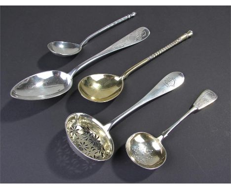 19th Century Russian silver spoons, to include two examples by Khlebnikov, a sifter spoon with monogram, circa 1883, an engra