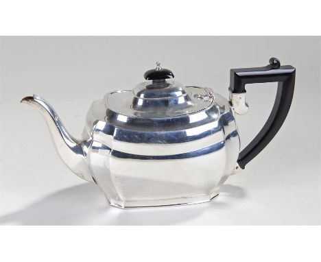 George VI silver teapot, Birmingham 1936, makers mark rubbed, the teapot with a canted angled body, ebonised handle and handl