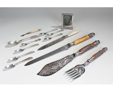 Mixed silver, to include spoons, fish server and fork with silver collars and a silver frame, (qty)