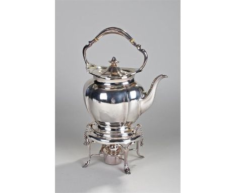 Silver plated teapot on stand, arched handle with shaped body, raised on a stand with burner, 37cm high