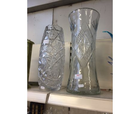 TWO CUT GLASS VASES, 43CM H5CHIPS TO LARGE DECANTER AS PICTURED, OTHERWISE GOOD.