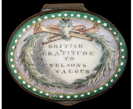 *A ‘Nelson Interest’ Bilston Enamel Snuff- or Patch-Box, c.1800, of oval shape, enamel on copper, decorative blue and green l