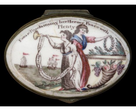 A Peace of Amiens Bilston Enamel Snuff- or Patch-Box, c.1801, a contemporary commemorative, of oval shape, enamel on copper, 