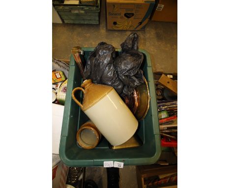 Box of Brass and Copper including scales, trays, stoneware flagon, oil lamp etc