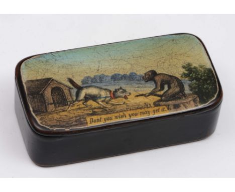 A Georgian papier mache snuff box of rectangular form with the lid showing a scene of a monkey tempting a dog "Don't you wish