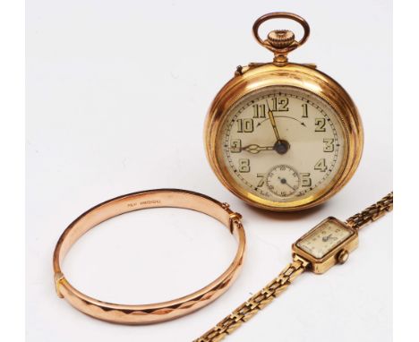 A 9ct gold bangle of plain form, 8 grams, together with a ladies 9ct gold wrist watch and a gold plated pocket watch