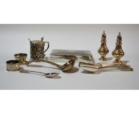A set of four fiddle pattern silver dessert spoons (monogrammed) together with a silver cigarette box with engine turned deco
