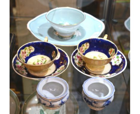 A Susie Cooper bowl a similar plate, a pair of onion pattern salts and a pair of Welsh Gaudy cups and saucers