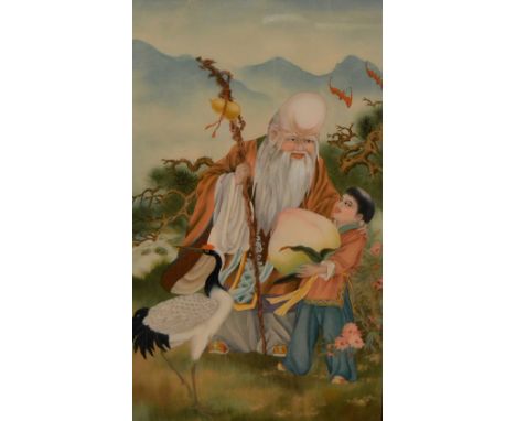 A Chinese contemporary reverse glass panel with carved border, the panel decorated with Shou Lao and a young boy carrying a l
