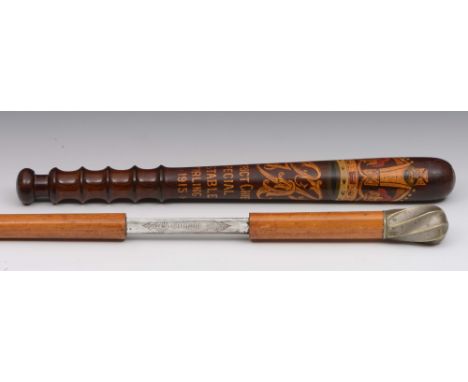 A rosewood truncheon inscribed District Chief Special Constable Stirling 1915 and an antique sword stick (2)