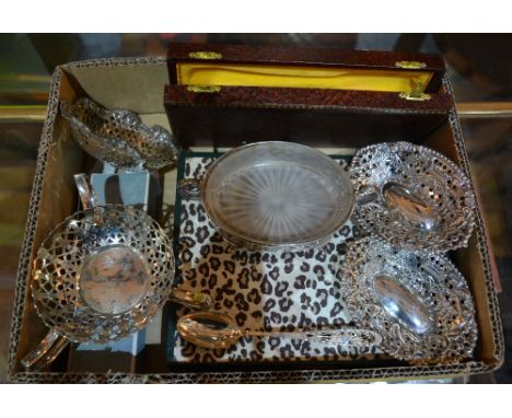 A collection of silver and other wares including a plated bowl, two silver dishes with pierced decoration of lozenge shaped f