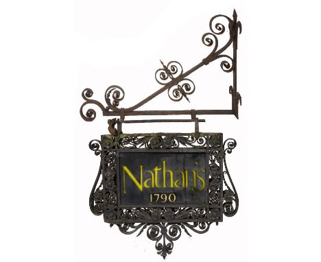 A large old wrought iron hanging sign with large bracket, marked Nathan's 1790, sign 100cm x 94cm, bracket 123cm across