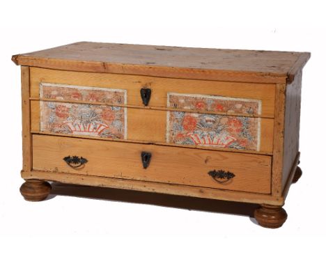 A 19th Century pine blanket chest with painted panel to the front and drawer below, 119cm wide, 61cm high