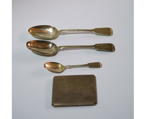A silver cigarette case  with engine turned decoration, together with two fiddle pattern silver serving spoons (crested) and 
