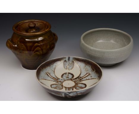 David Leach (British, 1887-1979) Bowl, with stylised pattern, impressed potter's seal, 24cm diameter, a Jeremy Leach celadon 