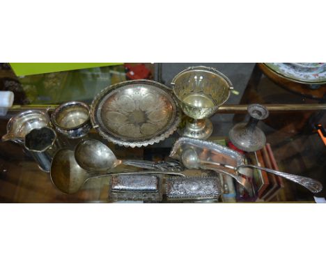 A small collection of miscellaneous silver and plated wares including two trinket boxes, a candlestick, a crumb scoop, a bask