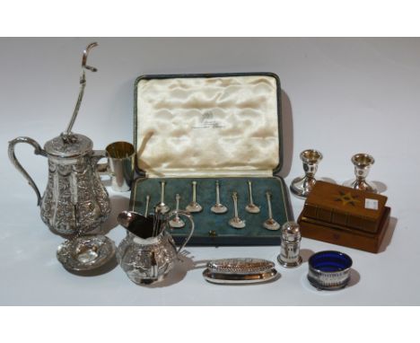 A small collection of silver and other wares including a pair of silver squab candlesticks, a cased set of eight apostle spoo