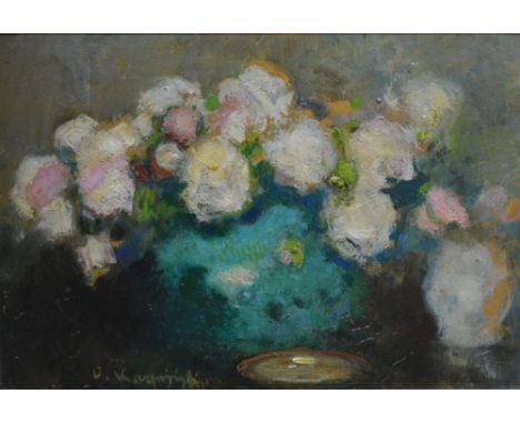 F Pearce  Coastal view, gouache, 47cm x 22cm, a contemporary oil study of flowers indistinctly signed, a Bartolozzi type tond