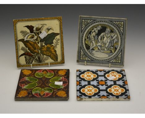 A Minton pottery tile with scene from King Henry IV Part 1 and three other tiles