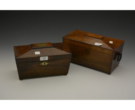 A Regency rosewood sarcophagus shaped tea caddy of tapering form with fitted interior, together with a further 19th Century m