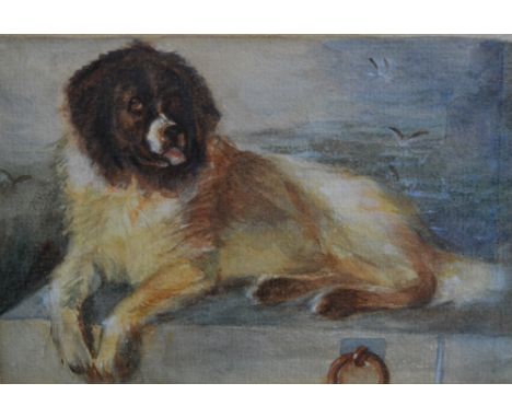 After Edwin Landseer  Watercolour of a dog by the porch, 10cm x 14cm, together with a map of Gloucestershire engraved by John