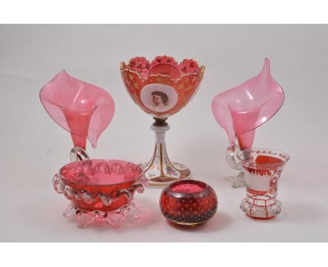 Victorian ruby glass and overlaid goblet shape pedestal bowl, created with portraits and flower sprays, old restoration with 