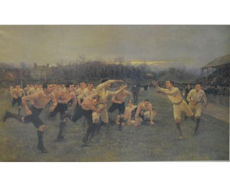 Rowing Club, Reproduction panel, 61cm x 79cm, photograph, Rockefeller Centre, New York, 1932, and a coloured print of a Rugby