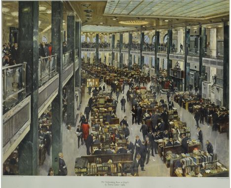 After Terrence Cuneo, The Underwriting Room at Lloyds, colour print, 47cm x 60cm.
