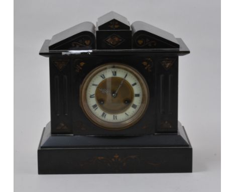 Victorian black slate mantel clock, triangular pediment, ivorine chapter ring, cylinder movement, striking on a gong, 26cm.