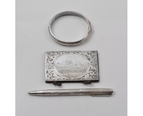 Victorian silver faced memo pad, front fascia with an engraved reserve, estuary scent, a silver biro and silver hinged bangle