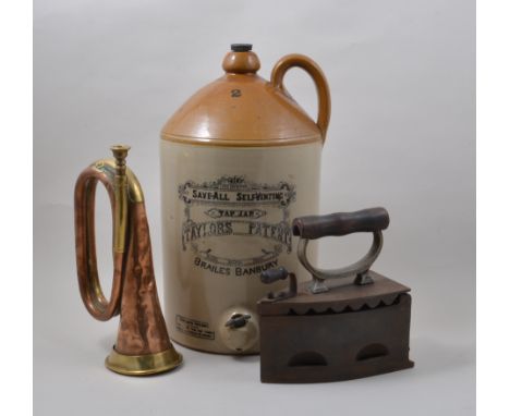 Stoneware flagon, Save-All Self-Inventing Taylors patent, 48cm, Barge ware metal pan, a vintage iron, copper and brass bugle 