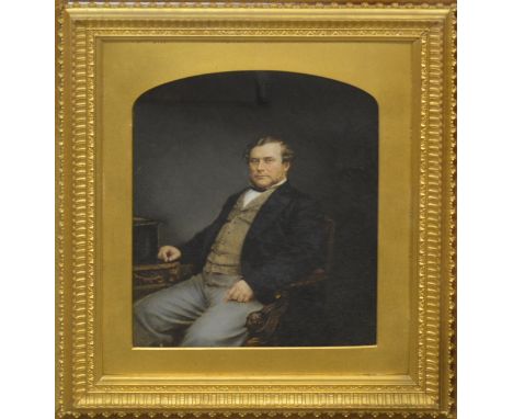 English School, A Gentleman Seated, over painted photograph, arched, 26cm x 20cm, in a gilt frame within a rosewood frame, an