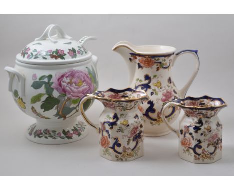 Portmeirion soup tureen and ladle, Botanic Garden pattern, 33cm and three Masons Mandalay pattern jugs, (4).