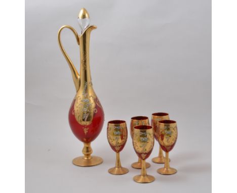 Venetian gilt overlaid ruby glass six piece wine set, comprising a ewer, enamel floral decoration, 47cm and five goblets, (6)