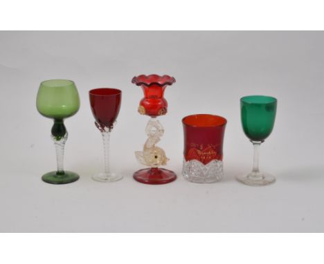 Venetian ruby tinted and aventurine flecked ornamental vase, 18cm, a pair of named beakers 1916 and other coloured glassware.