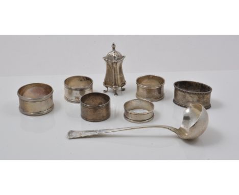 Edwardian silver lozenge shaped salt, Birmingham 1902,  raised on four pad feet, 6.5cm, a Continental silver ladle, 800 stand