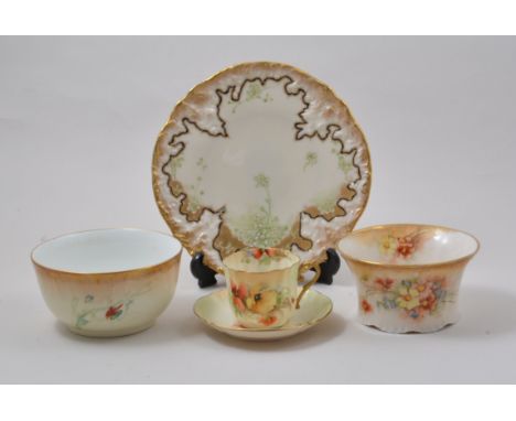 Nautilus porcelain plate, floral decoration, diameter 23cm, Nautilus porcelain cup, saucer, basin, together with a Limoges ba