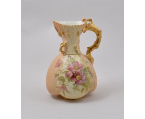 Royal Worcester jug, 1911, coral formed handle, floral decoration on a blush ground, no. 1507, 23cm.
