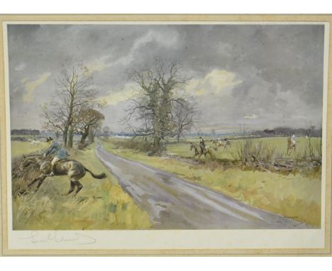 After Lionel Edwards, The Chase, signed colour print, 23cm x 34cm, un-framed, a collection of un-framed prints and a tray wit
