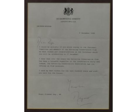Margaret Thatcher:  Signed letter, 10 Downing Street headed paper and a print of Kettering Conservative Club, (2).